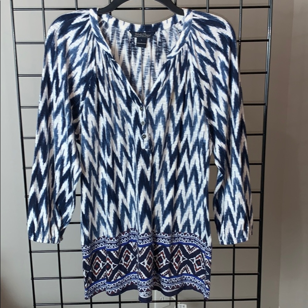 LUCKY BRAND 3/4 Sleeve Blue Print Top, L